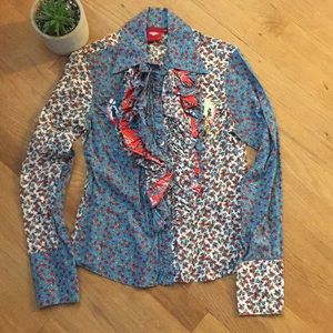 Oilily Pattern Ruffle Button Down Shirt